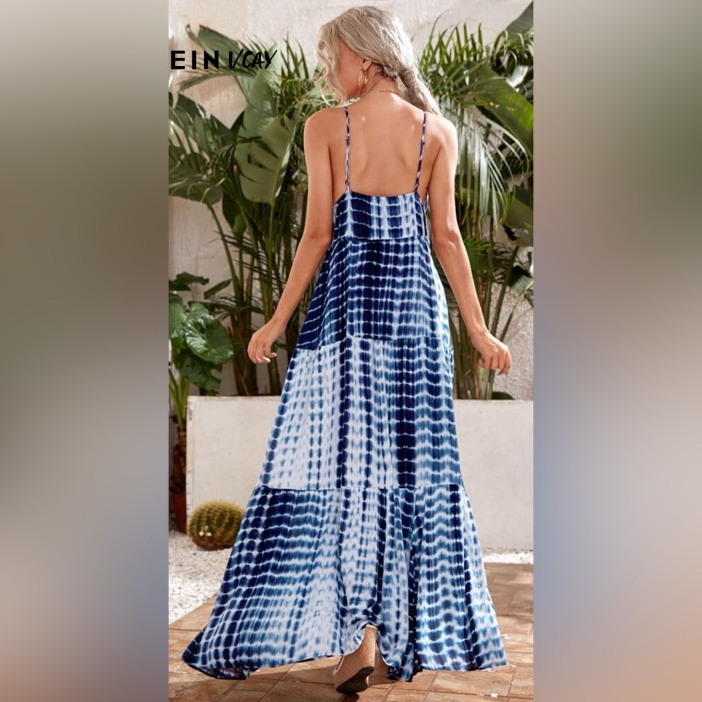 Blue and White Tiered Maxi Sundress with Plunge Neckline - Picture 2 of 2